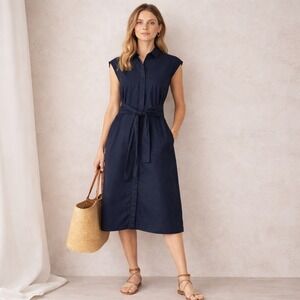 Trenery Womens Cotton Poplin Shirt Dress 8 Navy Midi Minimalist Modern Classic